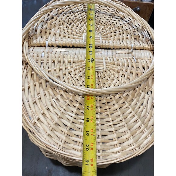 Large Wicker Picnic Basket Double Lids Handles Green Check Apple Lined Cottage - Picture 9 of 12